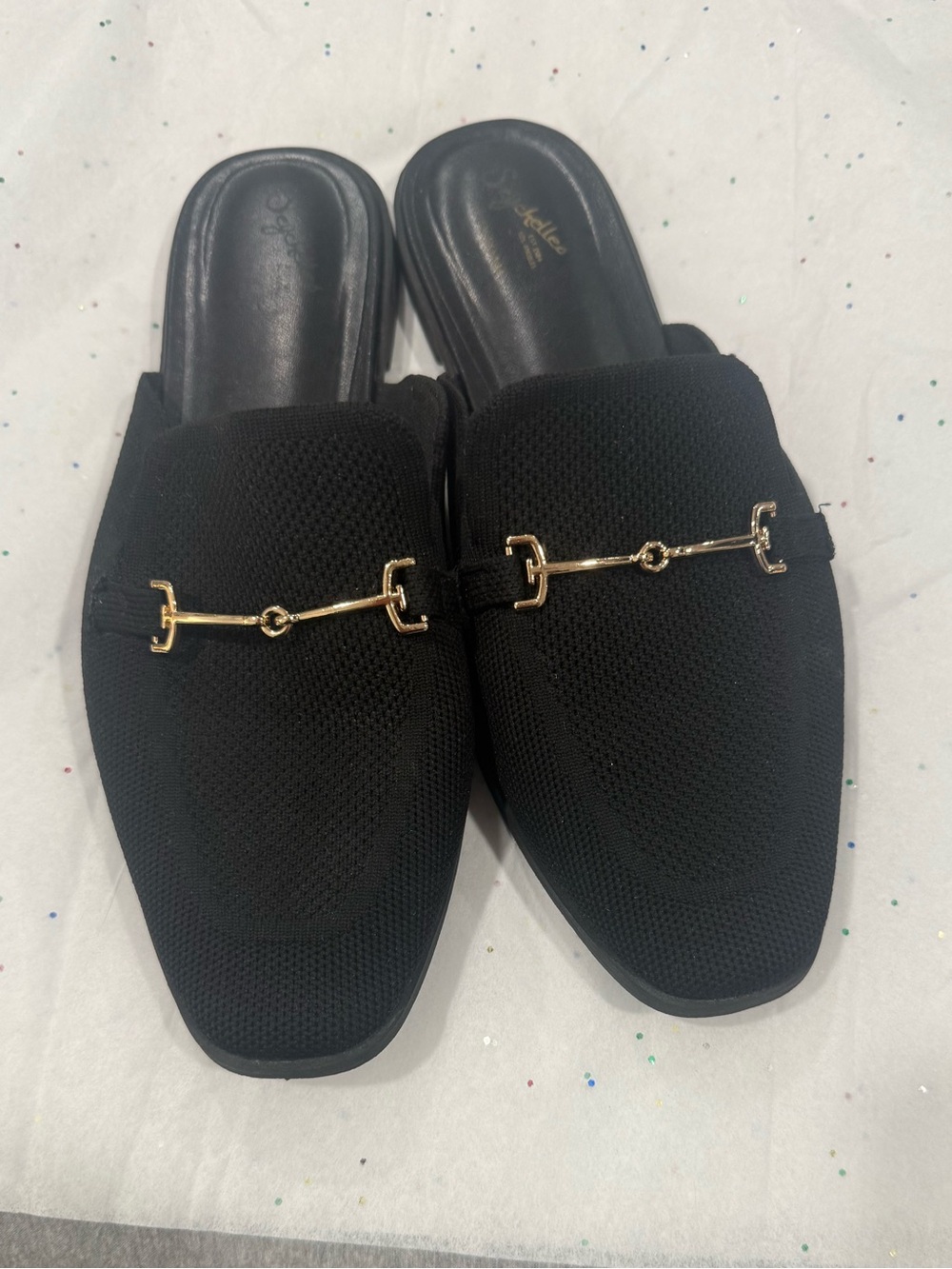 Black Slip-On Women's Mules with Gold Bit Detail